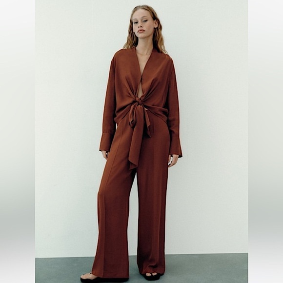 2/$30 Zara Wide Leg Flowy Trouser Pant, Tan Copper, Size M - Picture 1 of 9